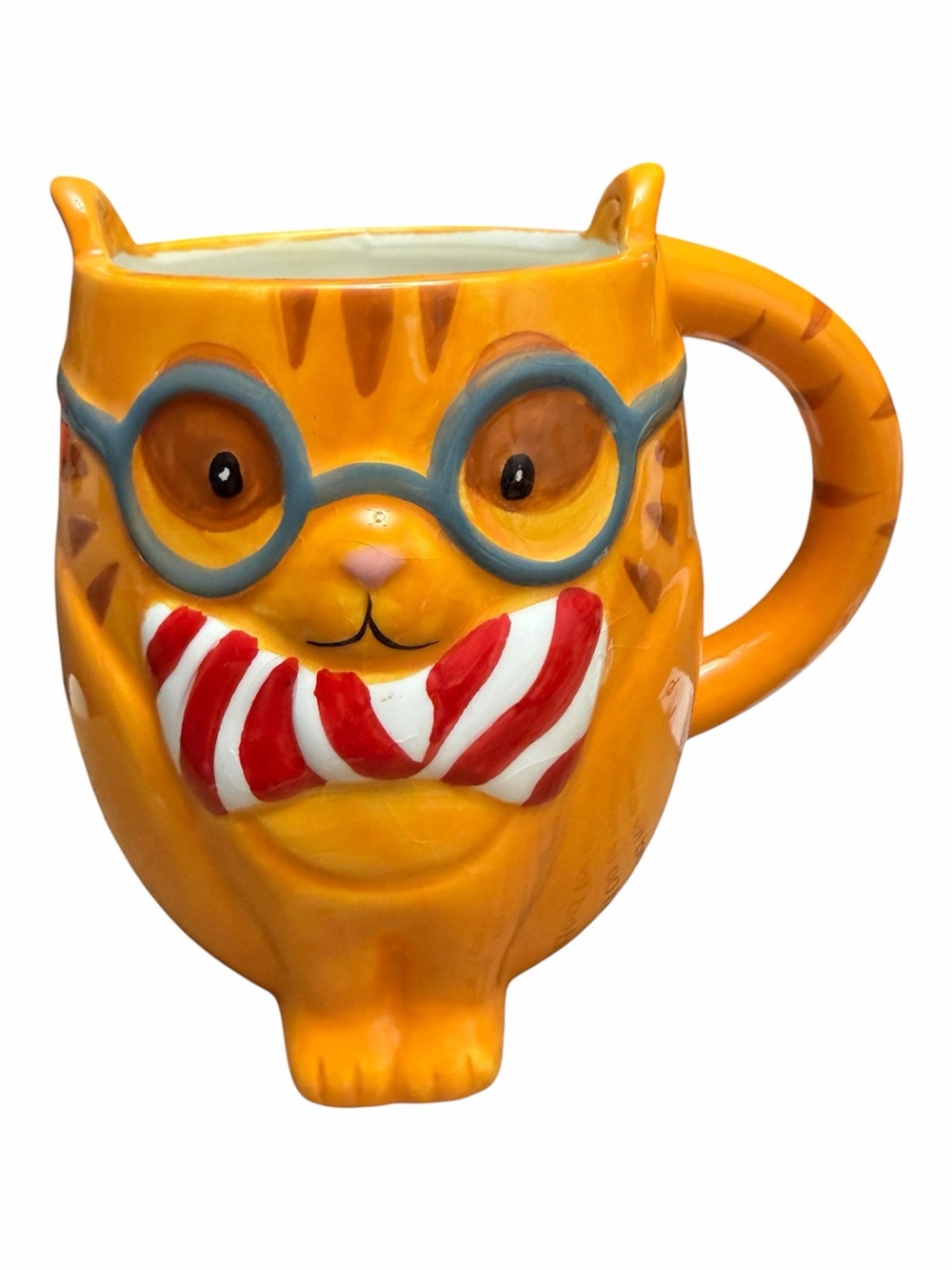 Boston Warehouse Smarty Cat Ceramic Mug Orange Cat Mug with Glasses & red bow